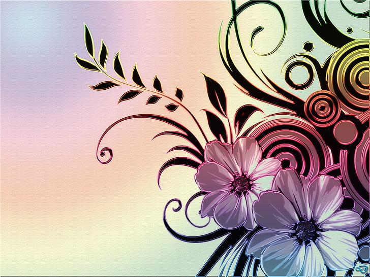 red and pink floral wallpaper, flowers, drawings, patterns, wavy, light, HD wallpaper
