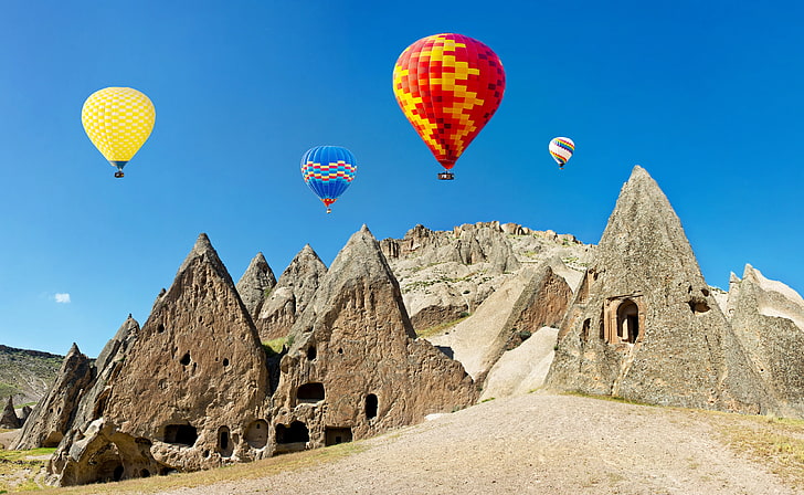 the sky, the sun, balloons, stones, rocks, colorful, Turkey, Cappadocia, HD wallpaper