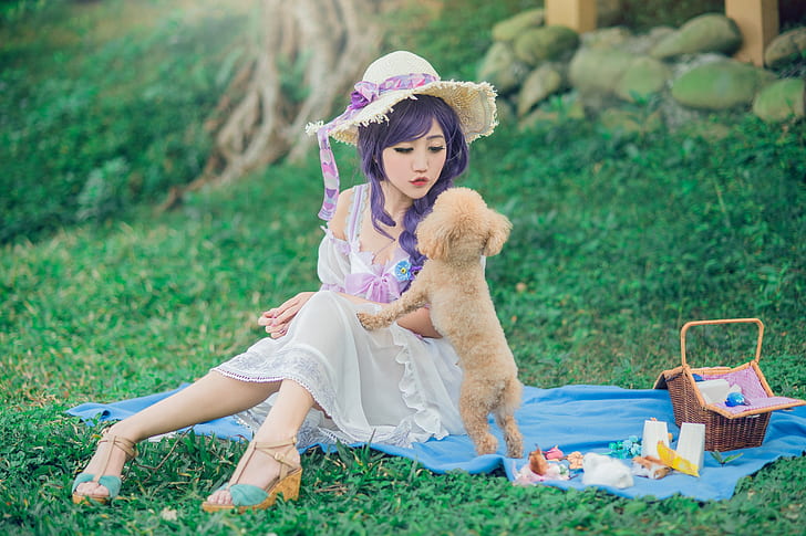 greens, summer, grass, look, girl, nature, face, pose, style, stones, background, mood, white, blue, feet, glade, food, cute, dog, hat, makeup, dress, blanket, hairstyle, shoes, puppy, image, braid, Asian, picnic, sitting, basket, bow, cutie, poodle, stand, purple hair, communication, pet, the lady with the dog, HD wallpaper