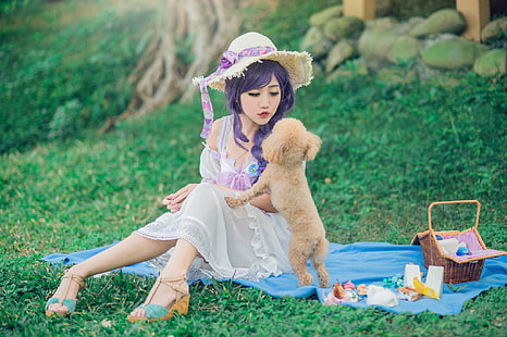 greens, summer, grass, look, girl, nature, face, pose, style, stones, background, mood, white, blue, feet, glade, food, cute, dog, hat, makeup, dress, blanket, hairstyle, shoes, puppy, image, braid, Asian, picnic, sitting, basket, bow, cutie, poodle, stand, purple hair, communication, pet, the lady with the dog, HD wallpaper HD wallpaper