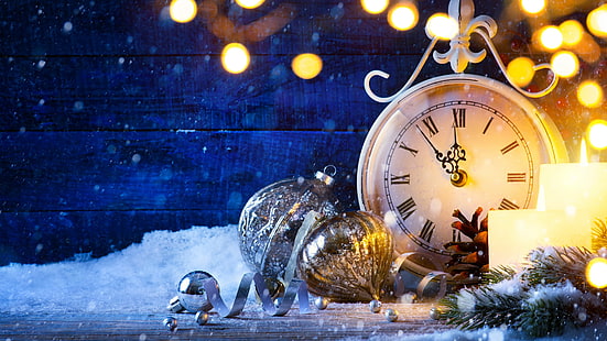rund vit analog klocka, snö, klocka, nyår, jul, lycklig, fyrverkerier, 2017, HD tapet HD wallpaper