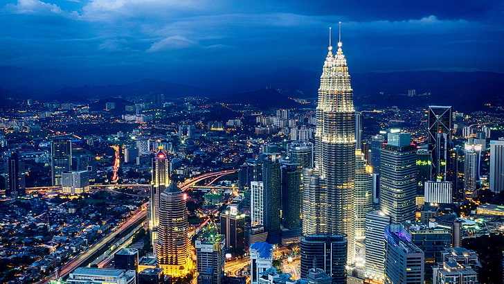 aerial photography of city during nighttime, city, Petronas Towers, HD wallpaper