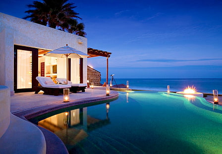 Beautifully Lit Pool at Night, tropical, beautiful, sunset, beach, polynesia, villa, paradise, luxury, night, pool, holiday, view, island, HD wallpaper HD wallpaper