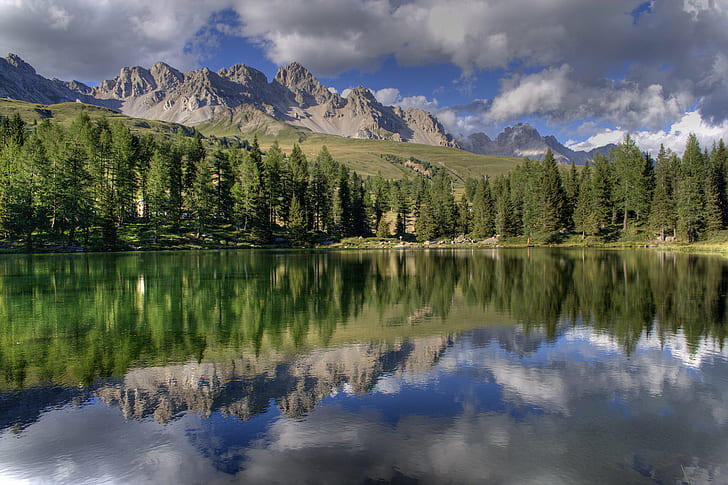 photo of body of water surrounded by trees and mountains, lago, lago, Lago, photo, body of water, mountains, lake, alpi, alps, dolomiti, san  pellegrino, passo, hdr, photomatix, tramonto, sunset, montagna, cadore, acqua, panorama, tree, nature, mountain, landscape, reflection, scenics, outdoors, forest, summer, water, sky, beauty In Nature, travel, HD wallpaper
