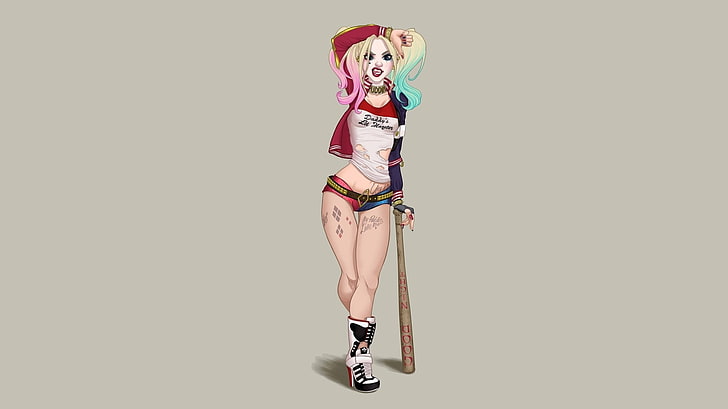 Harley Quinn wallpaper, Comics, Harley Quinn, Baseball Bat, Belt, Blonde, Boots, Bracelet, Collar, DC Comics, High Heels, Shorts, Suicide Squad, Tattoo, Twintails, Woman, HD wallpaper