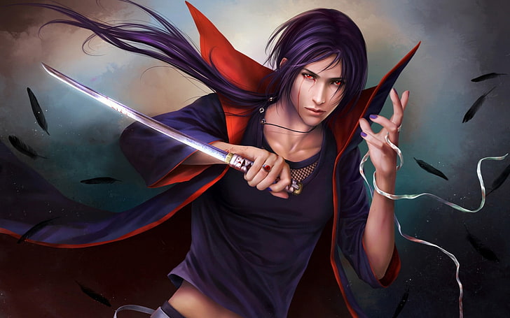 purple-haired male anime character illustration, art, naruto, itachi, uchiha, HD wallpaper