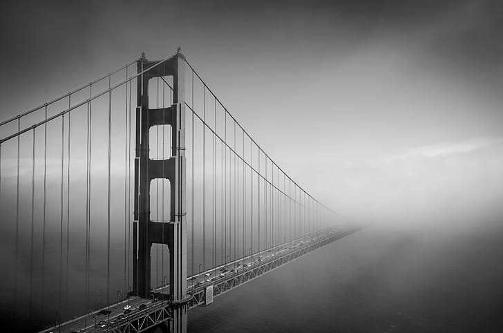 полутоновое фото моста, II, полутоновое, фото, мост Милл, Милл-Вэлли, Калифорния, США, США, Сан-Франциско, Пентакс, Арт, впечатления, Наружная, Тамрон, мост Золотые Ворота, округ Сан-Франциско, известное место, мост -Искусственная структура, мост Золотые Ворота, архитектура, висячий мост, Калифорния, HD обои