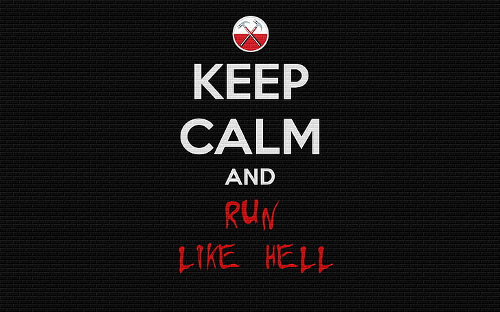 black, white, and red Keep Calm and run like hell illustration, wall, mood, minimalism, Pink Floyd, words, keep calm, and run like hell, HD wallpaper