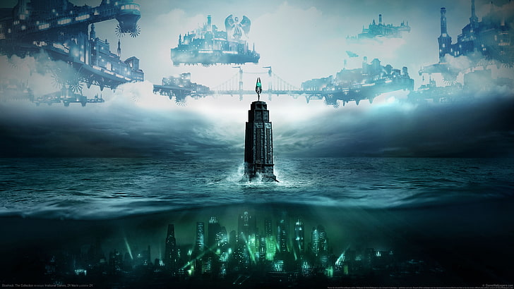 carta da parati digitale subacquea per città e aerei, BioShock, torre, Columbia, videogiochi, Sfondo HD