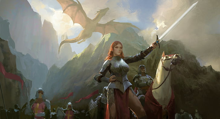 arte digital, mulheres, guerreiro, exército, espada, dragão, ilustração, montanhas, arte da fantasia, cavalo, bandeira, blindado, garota de fantasia, Senfeng Chen, HD papel de parede