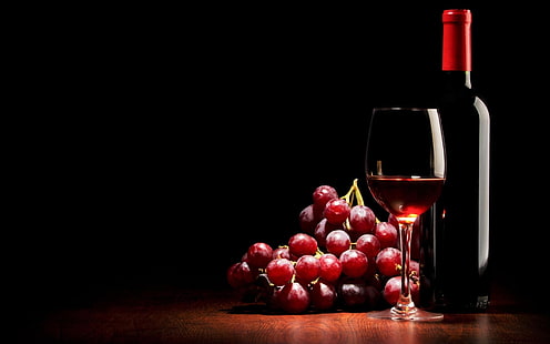бутилка червено вино, вино, напитка, грозде, плодове, черен фон, бутилки, HD тапет HD wallpaper