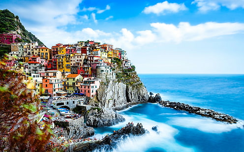 coast, Italy, Cinque Terre, town, rocks, cliff, HD wallpaper HD wallpaper