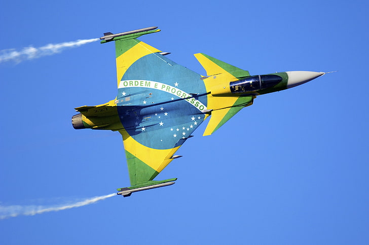 You can, fighter, sky, aircraft, flight, stars, Air Force, plane, flag, Gripen, Brazil, British Aerospace, missile, Gripen NG, air power, custom paint, supersonic fighter, new acquisition, Brazilian air force, FX-2 program, flag of Brazil, The Brazilian multi-mission fighter, Gripen NG BR, by plamber, Order and Progress, HD wallpaper