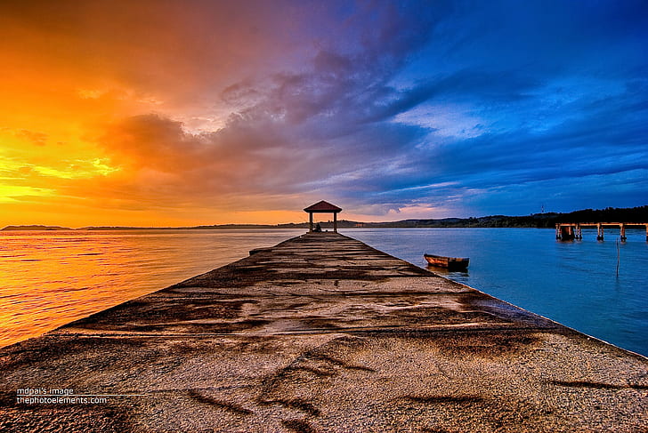 black wooden gazebo at sea dock with blue and yellow sky, pasir panjang, gazebo, sea, dock, blue and yellow, yellow sky, sunset, dual, colour, jetty, nikon, com, nature, beach, wood - Material, pier, summer, sky, coastline, vacations, outdoors, landscape, water, HD wallpaper