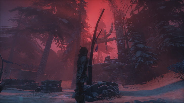 Kızıl gökyüzü illüstrasyon, ekran görüntüsü, Lara Croft, Tomb Raider yükselişi, video oyunları ile siyah çıplak ağaç, HD masaüstü duvar kağıdı