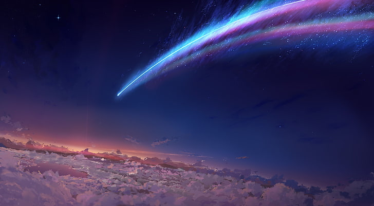 blue and pink contrail, Your Name, Kimi no Na Wa, clouds, sky, comet, HD wallpaper