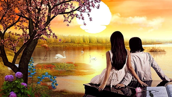 couple, love, sunset, HD wallpaper HD wallpaper