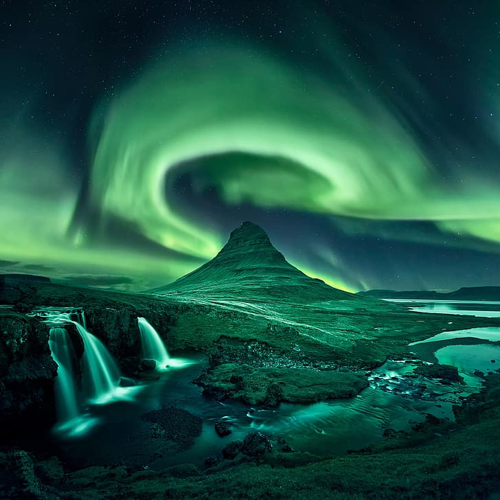 niebo, noc, zorza polarna, Islandia, góra Kirkjufell, Tapety HD