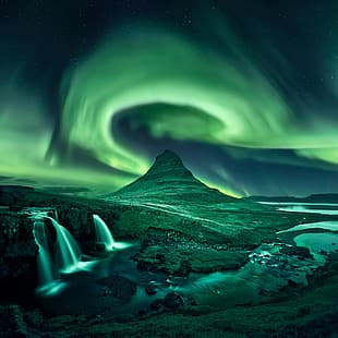 el cielo, la noche, la aurora boreal, Islandia, la montaña Kirkjufell, Fondo de pantalla HD HD wallpaper