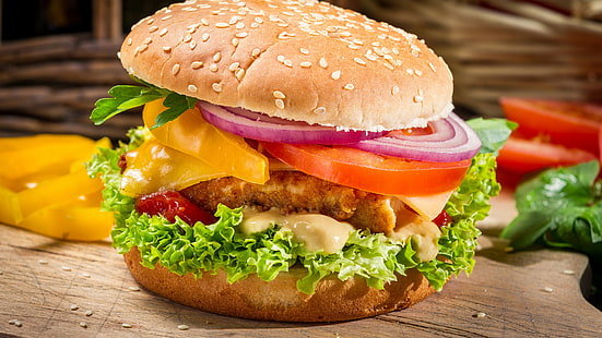 hamburger, cheeseburger, sandwich, snack food, food, bread, lunch, meal, dish, dinner, cheese, lettuce, tomato, meat, bun, snack, burger, delicious, fast, beef, tasty, onion, diet, unhealthy, plate, vegetable, grilled, fresh, restaurant, sesame, eating, fat, gourmet, cuisine, vegetables, nutrition, HD wallpaper HD wallpaper