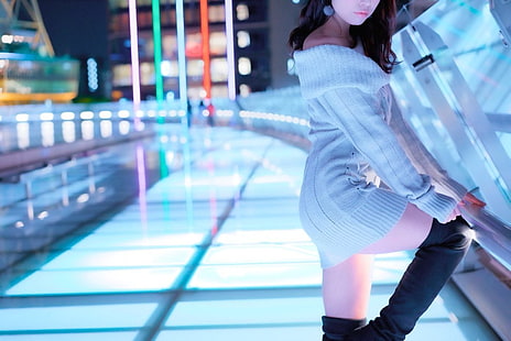 maglione bianco da donna, donna giapponese, gambe, capelli neri, stivali al ginocchio, maglione bianco, donna, asiatico, giapponese, Sfondo HD HD wallpaper
