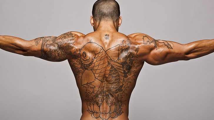 svart koi rygg tatuering, muskler, tatuering, killar, HD tapet