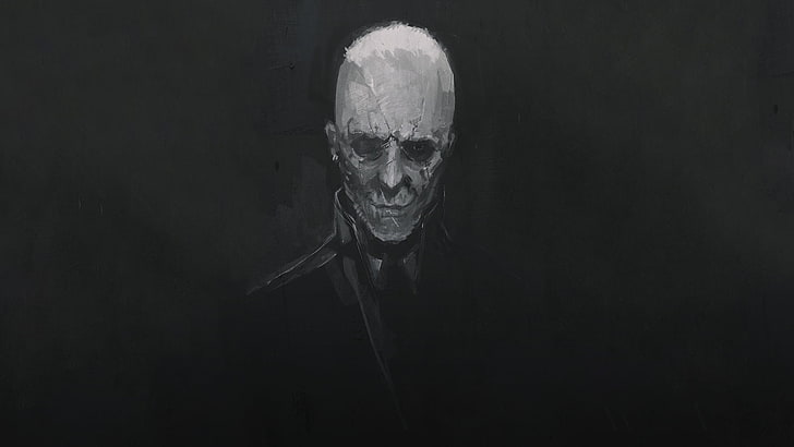 homme en noir portrait peinture, monochrome, chauve, vêtements noirs, cicatrices, visage, Fond d'écran HD