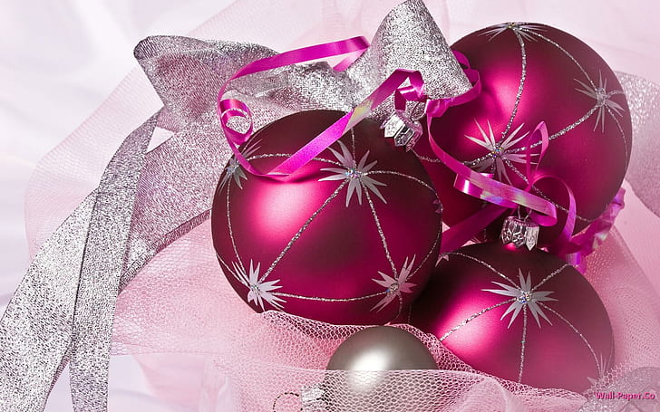 Pink Christmas Balls, new year, decoration, holiday, christmas, 3d and abstract, HD wallpaper