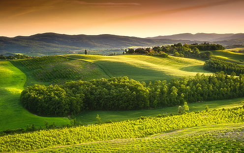 Włochy, Toskania, wieś, zielona przyroda, drzewa, pola, niebo, Włochy, Toskania, wieś, zieleń, natura, drzewa, pola, niebo, Tapety HD HD wallpaper