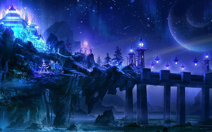 Взгляд в будущее Fantasy City Art Pictures Ночной Храм Огни Мост Рок Камни 4k Ultra Hd Обои для рабочего стола Ноутбук Планшет Мобильные телефоны и телевизор 3840 × 2400, HD обои