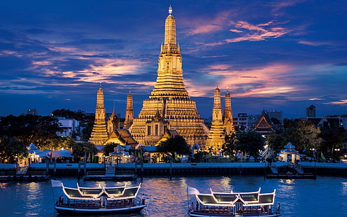 Tailândia, templo, arquitetura, rio, noite, prédio antigo, construção, história, Tailandês, Ásia, royal, HD papel de parede HD wallpaper