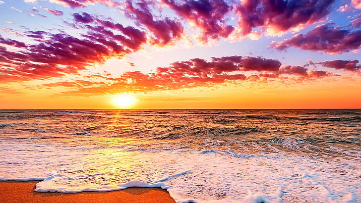 langit, horizon, laut, samudra, matahari terbit, pantai, pantai, gelombang, pagi, tenang, fajar, busa, sinar matahari, awan, Wallpaper HD