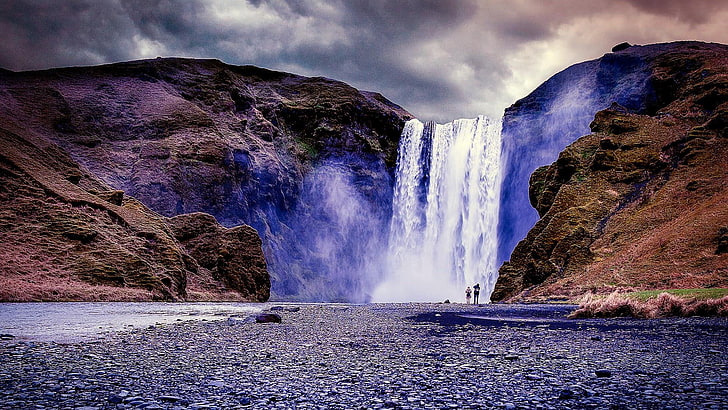 Wasserfall, Island, Skogafoss, Klippen, Europa, Fluss, erstaunlich, atemberaubend, wunderschön, bewölkt, nass, Rock, Felsen, HD-Hintergrundbild