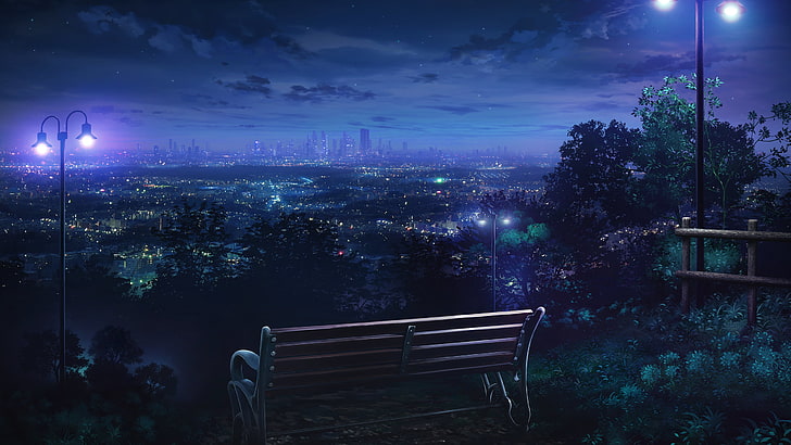 lukisan bangku abu-abu, malam, Los Angeles, bangku, kota, lampu, bintang, Wallpaper HD