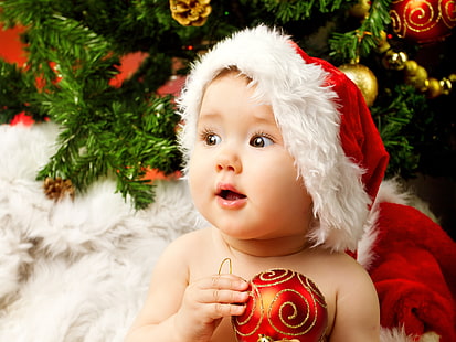 czapka świętego mikołaja dla dzieci, dzieci, dziecko, nowy rok, piękny, szczęśliwy, niemowlę, dziecko, niesamowita dziewczynka, urocza, choinka, ciesz się, wesołych świąt, mały kostium Świętego Mikołaja, mały kostium Świętego Mikołaja, Tapety HD HD wallpaper