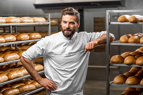  pose, bread, male, shirt, beard, in white, uniform, cakes, Baker, bakery, HD wallpaper HD wallpaper
