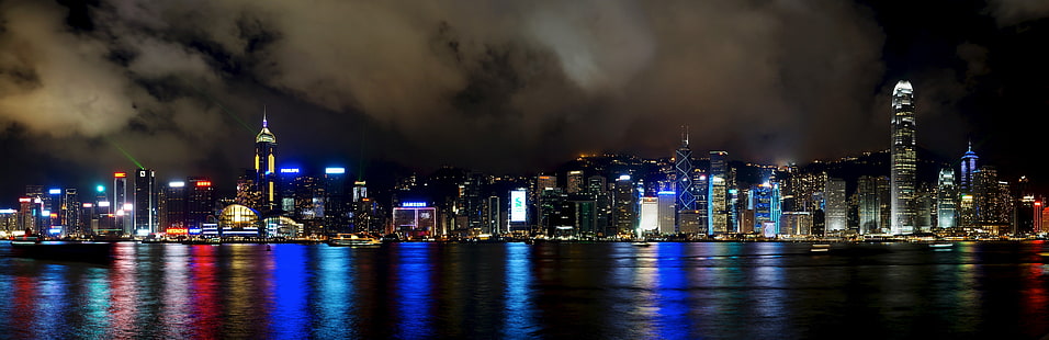 panoramic photo of city lights, hong kong, china, 香港, 中国, hong kong, china, 香港, 中国, Symphony of lights, Central, Victoria Harbour, at night, night, view, Tsim Sha Tsui, Hong Kong, China, 香港, 中国, panoramic photo, city lights, Hugin, long exposure, night shot, panorama, SAL-1650, Selection, skyline, night, cityscape, skyscraper, urban Skyline, architecture, asia, famous Place, downtown District, urban Scene, city, harbor, china - East Asia, business, victoria Harbour - Hong Kong, sea, tower, modern, building Exterior, travel, HD wallpaper HD wallpaper