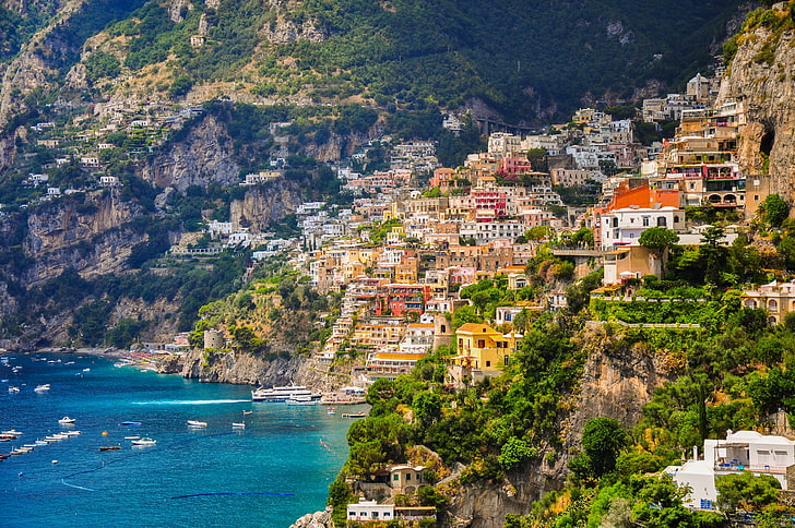 beyaz ve kırmızı boyalı evler, deniz, sahil, bina, tekneler, yamaç, İtalya, Körfez, Campania, Amalfi Coast, Positano, Salerno Körfezi, Kampanya, HD masaüstü duvar kağıdı