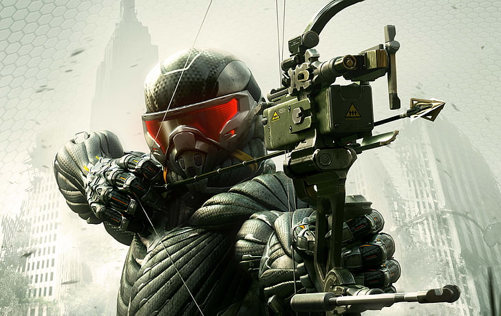 ตัวละครหุ้มเกราะถือธนูผสมวอลล์เปเปอร์ดิจิทัลต้นไม้อาวุธบ้านนิวยอร์กธนูทหารทำลายล้างลูกศรใบไม้นาโนสูท Crytek Crysis 3, วอลล์เปเปอร์ HD