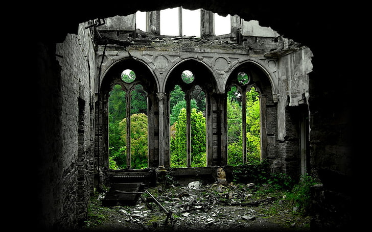 ruined house, dark, ruin, abandoned, HD wallpaper