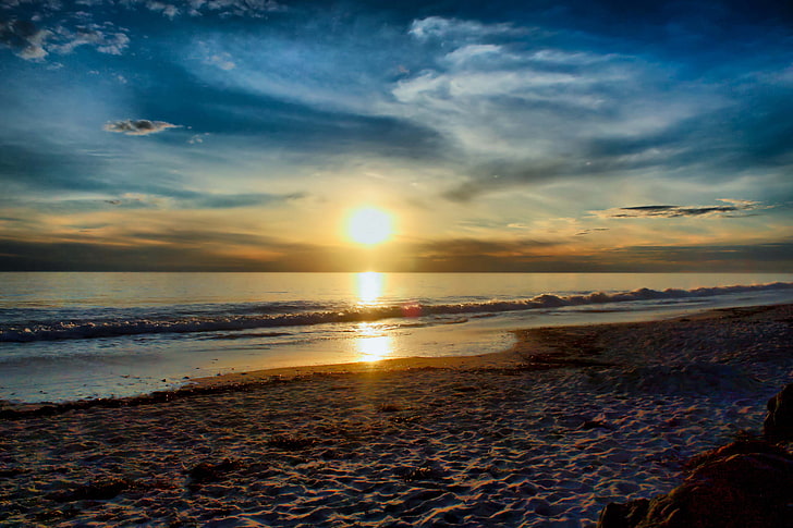 waving ocean during sunset photograpy, sea, beach, the sun, sunset, HD wallpaper