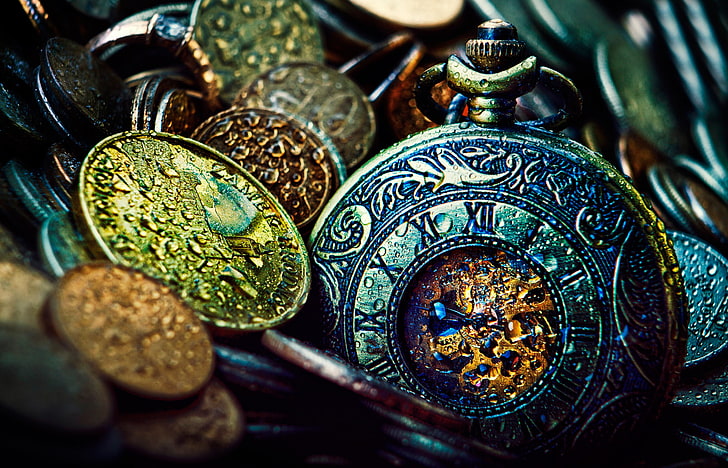 liontin dan koin aneka warna, waktu, jam tangan, uang, koin, Wallpaper HD