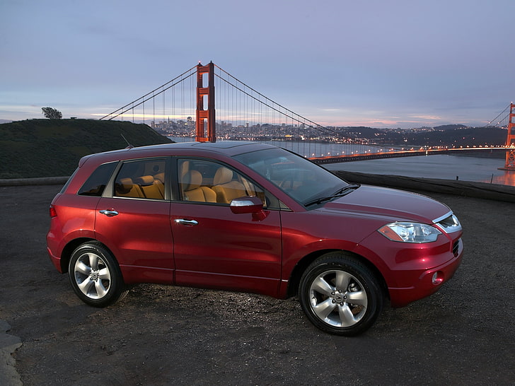 red SUV, acura, rdx, red, side view, style, cars, city, lights, bridge, nature, HD wallpaper