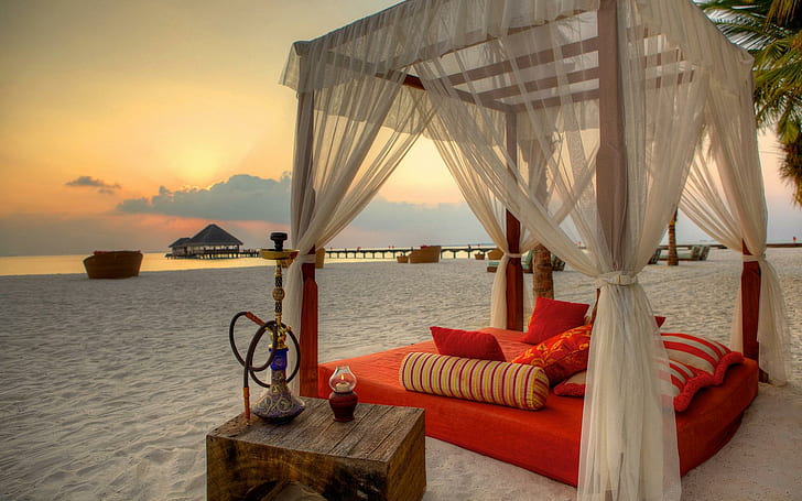 Romantic Beach, nature, beach, relax, romance, romantic, cushion, beautiful, tropical, sand, sunset, HD wallpaper