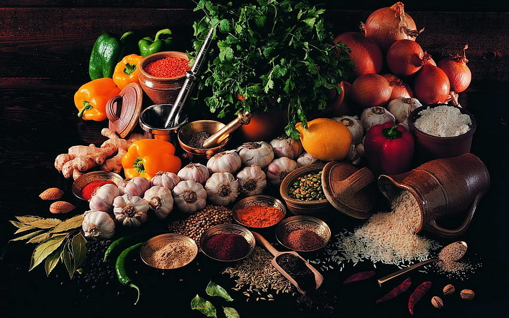 assorted spices lot, vegetables, rice, still life, dark, HD wallpaper
