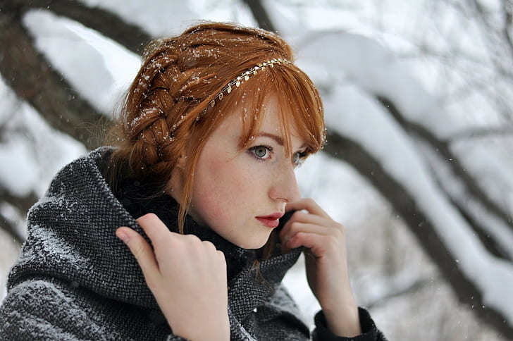 women, redhead, Alina Kovalenko, braids, grey coat, coats, women outdoors, snow, HD wallpaper
