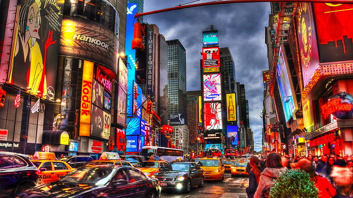 New York City, Times Square, malam, gedung pencakar langit, toko, lampu, mobil, orang, New, York, City, Times, Square, Malam, Pencakar Langit, Toko, Lampu, Mobil, Orang, Wallpaper HD