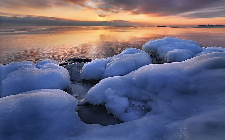 сине-белый каменный фрагмент, вода, лед, пейзаж, спокойствие, закат, природа, HD обои