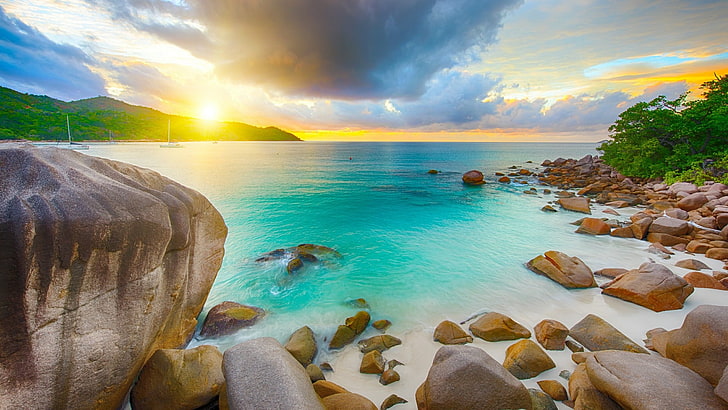 kust, semester, sommar, Praslin Island, Praslin, horisont, Seychellerna, strand, moln, anse lazio, vatten, hav, sten, tropikerna, strand, himmel, hav, solnedgång, HD tapet