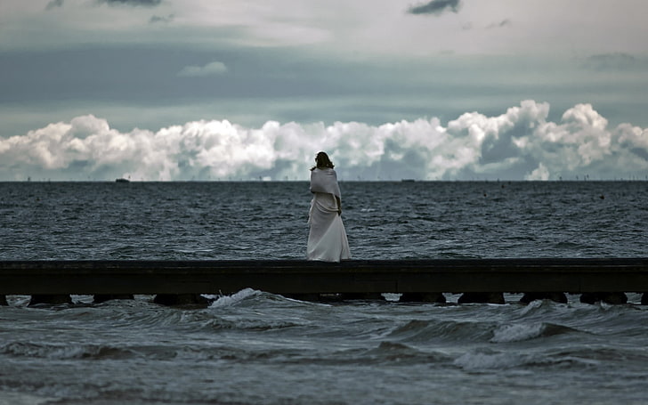 여자, 여자 야외, 바다, 하늘, 구름, HD 배경 화면
